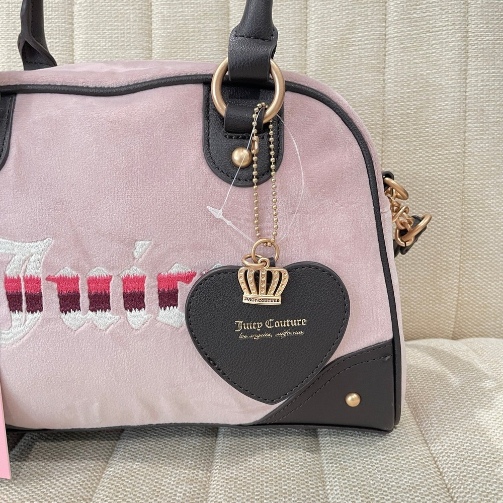 NEW Juicy Couture Pink Velour Satchel Bowler Bag Brown Trim Crossbody Heart - Picture 3 of 8